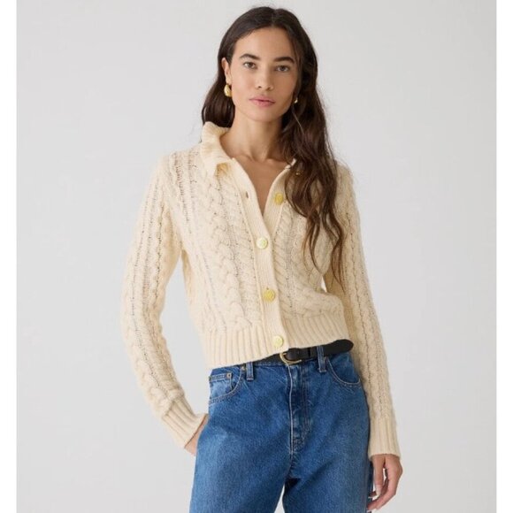 J.CREW Sweaters - J Crew Sweater Womens XXL Cream Cable Knit Cardigan Ruffle Neck Gold Buttons